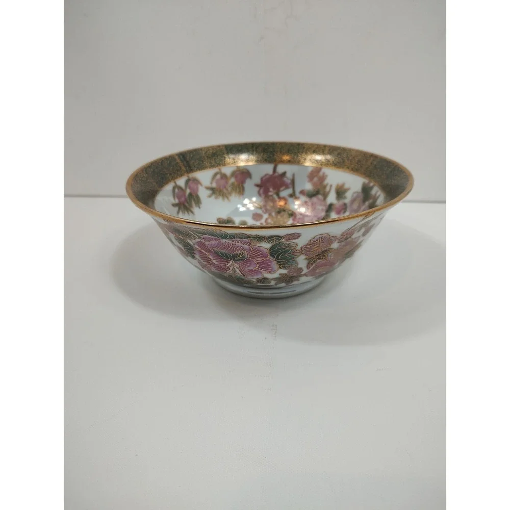 Vintage Oriental Display Bowl‎ Green Gold Mauve Floral 8.5